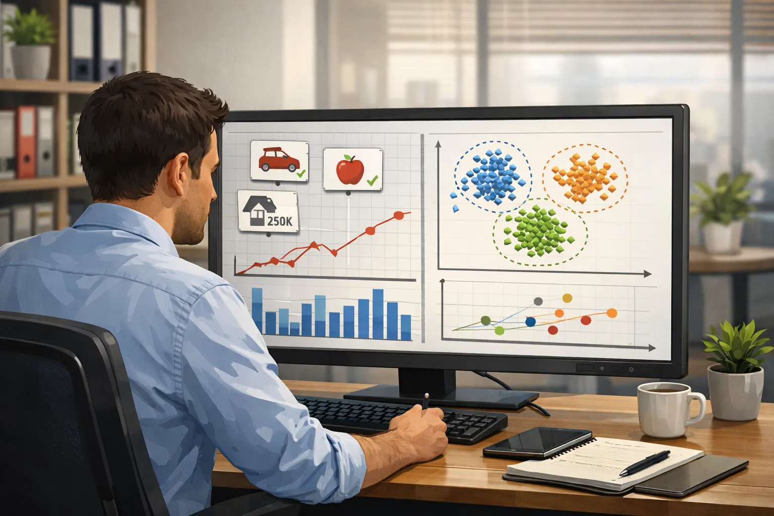 데이터 분석가가 컴퓨터 화면에서 지도학습과 비지도학습 개념을 비교하는 AI 일러스트