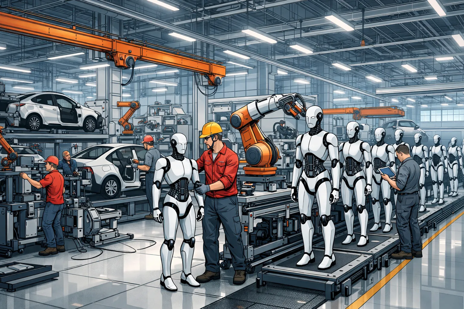 테슬라 공장에서 차량 조립 라인이 휴머노이드 로봇 생산 시설로 전환되는 모습을 그린 일러스트 AI 생성