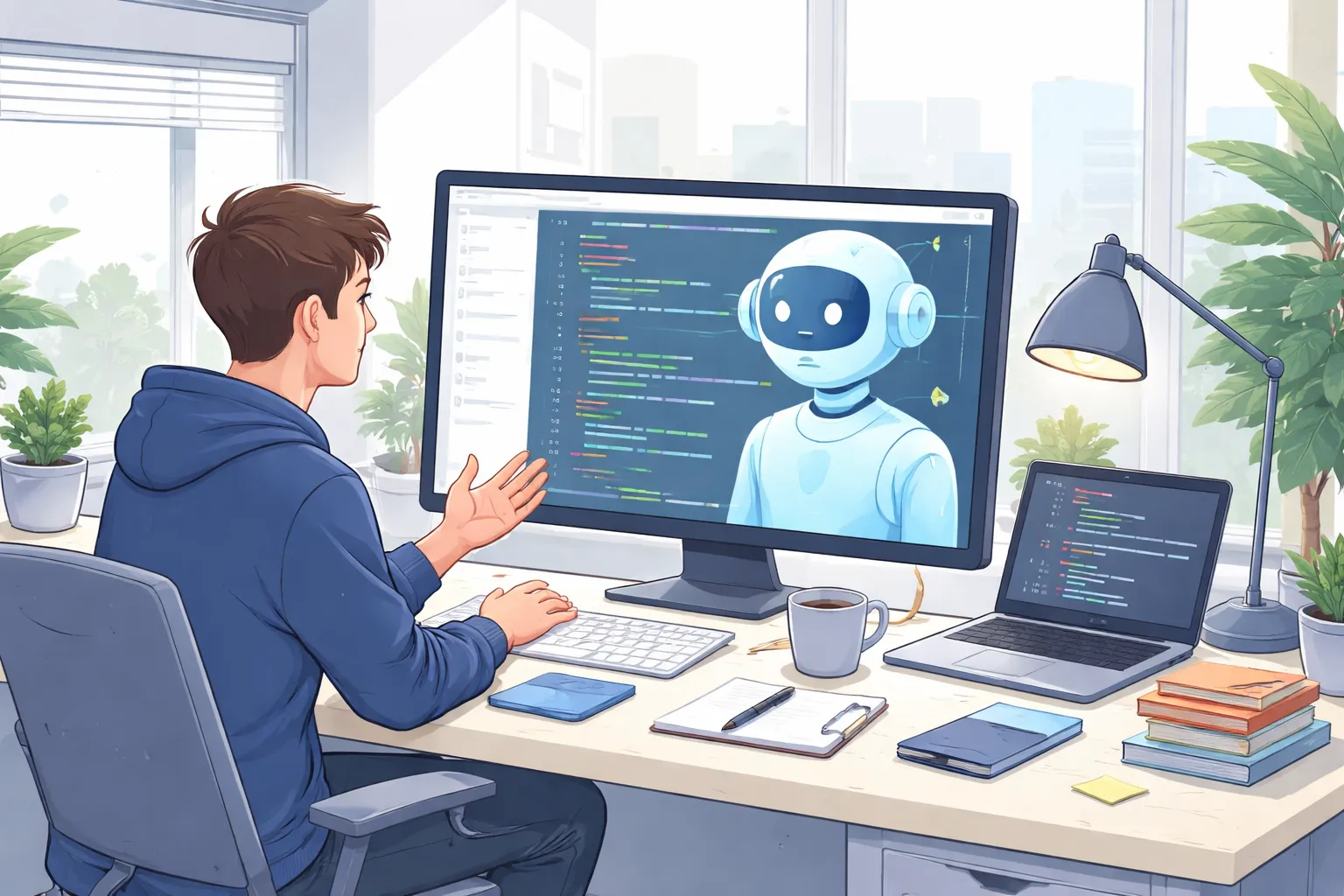 AI가 코드 작성을 돕는 개발 작업 환경을 표현한 AI 일러스트