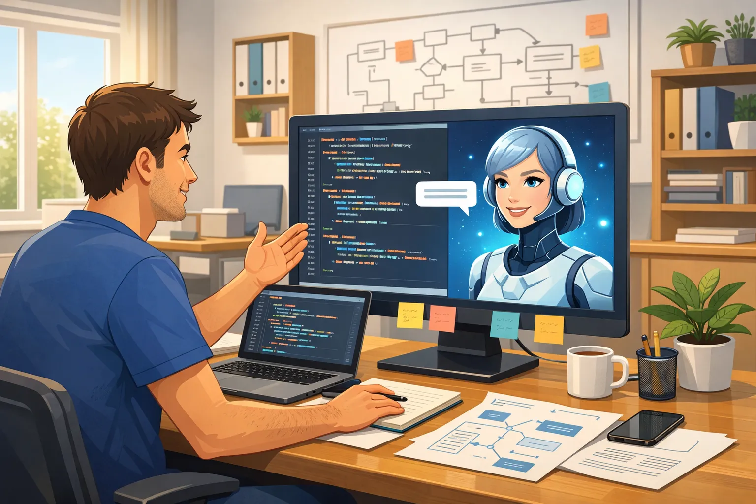 AI와 대화하며 코드가 생성되는 소프트웨어 개발 작업 공간을 표현한 AI 일러스트