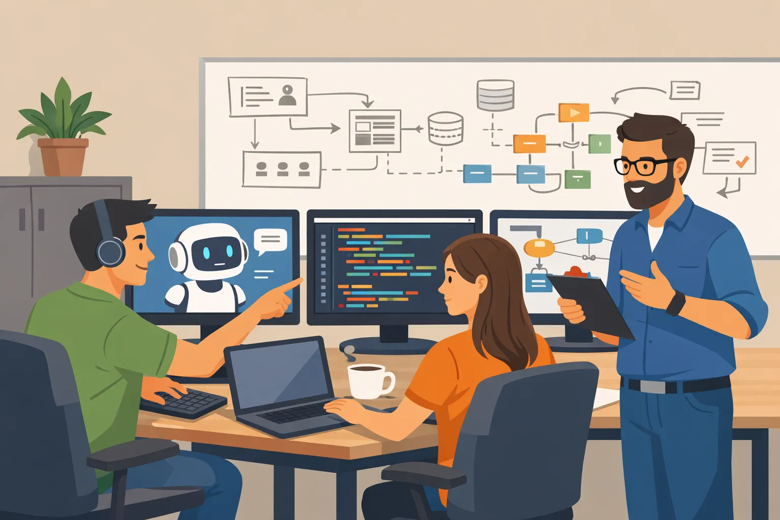 AI 코딩 도구를 사용해 코드를 검토하는 개발자들의 작업 장면을 표현한 AI 일러스트