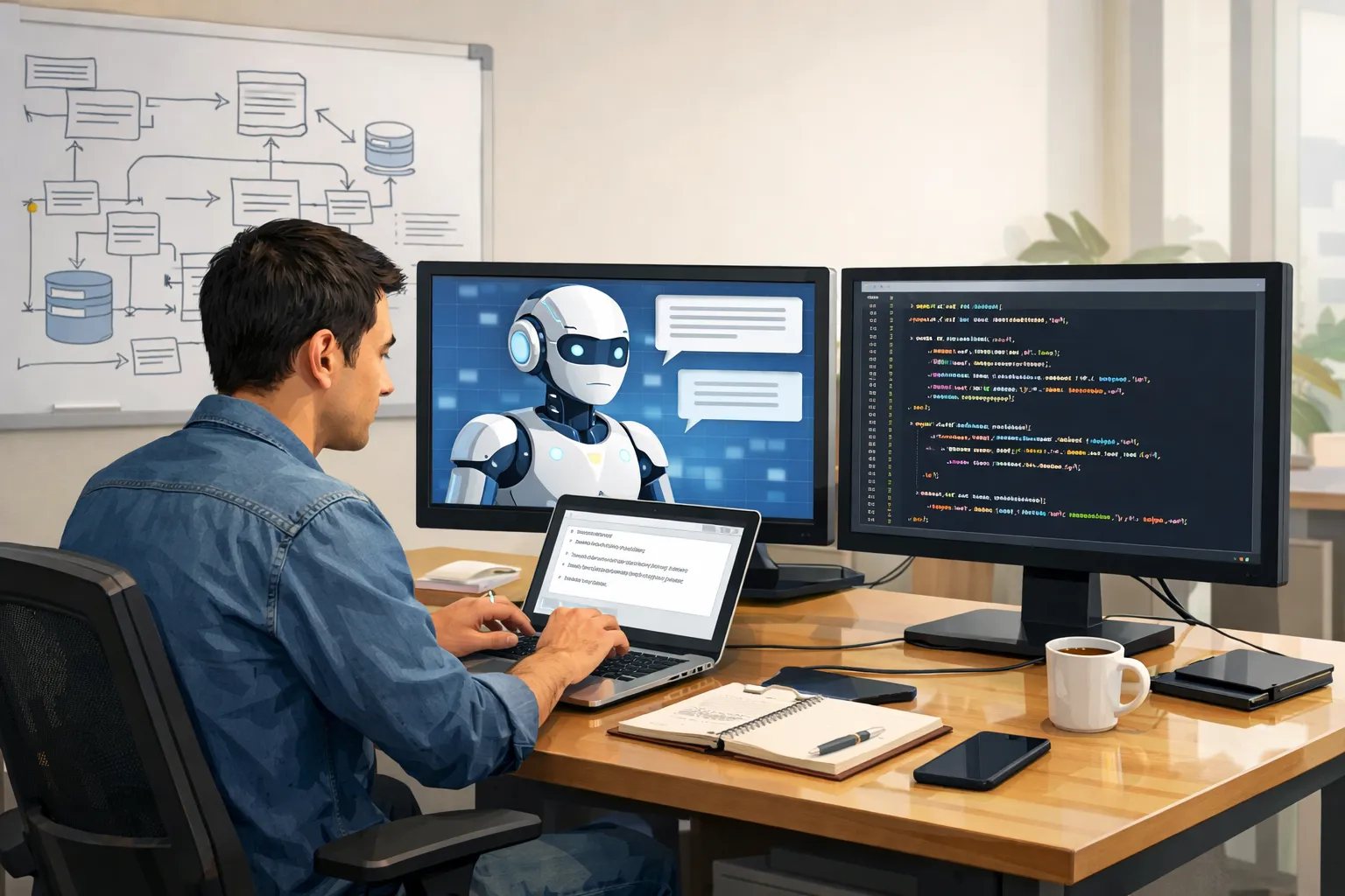 AI 코딩 도구와 함께 자연어로 프로그램을 설계하는 개발자를 표현한 AI 일러스트