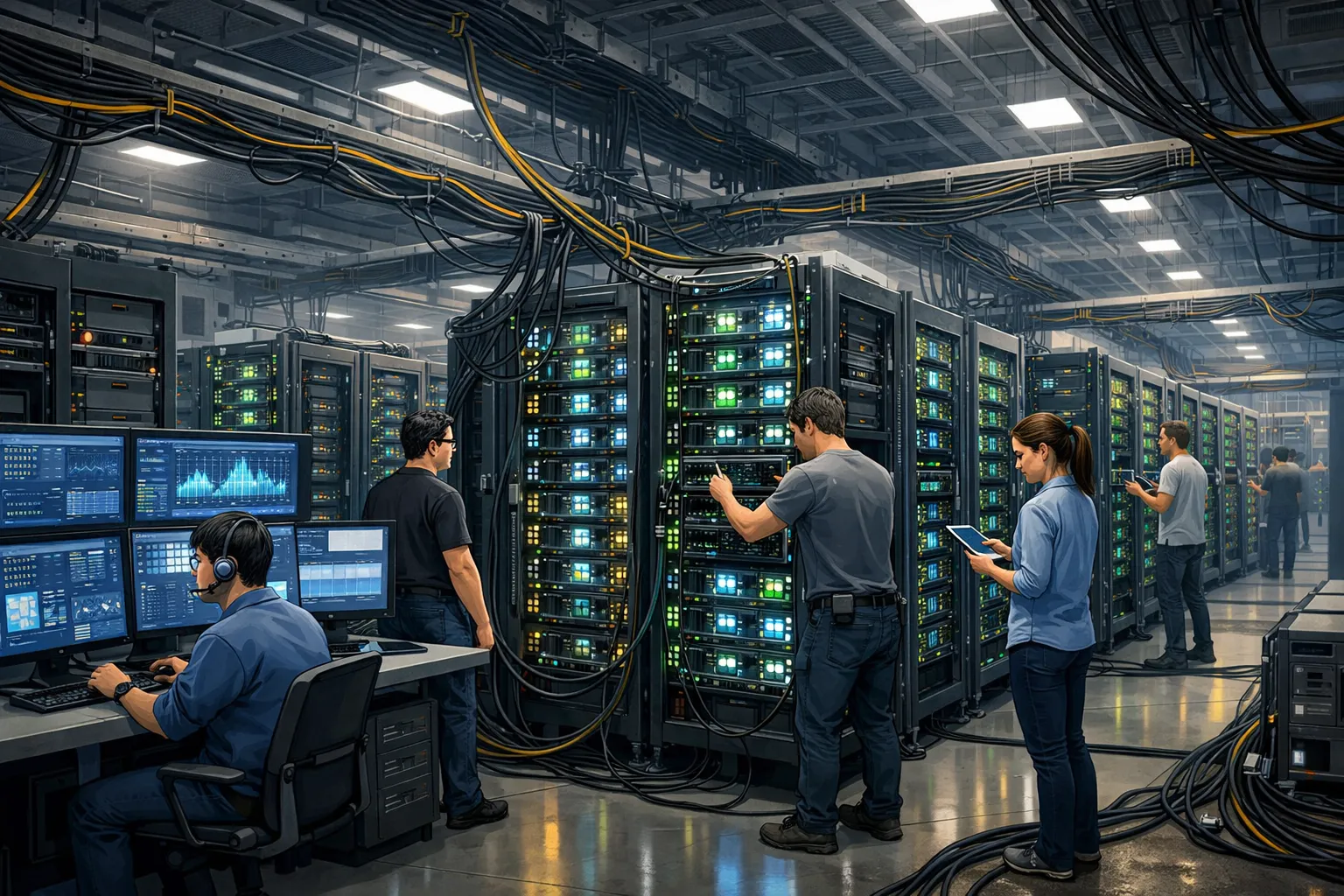 AI 모델 학습을 위해 GPU 서버가 가득한 데이터센터를 관리하는 엔지니어를 표현한 AI 일러스트