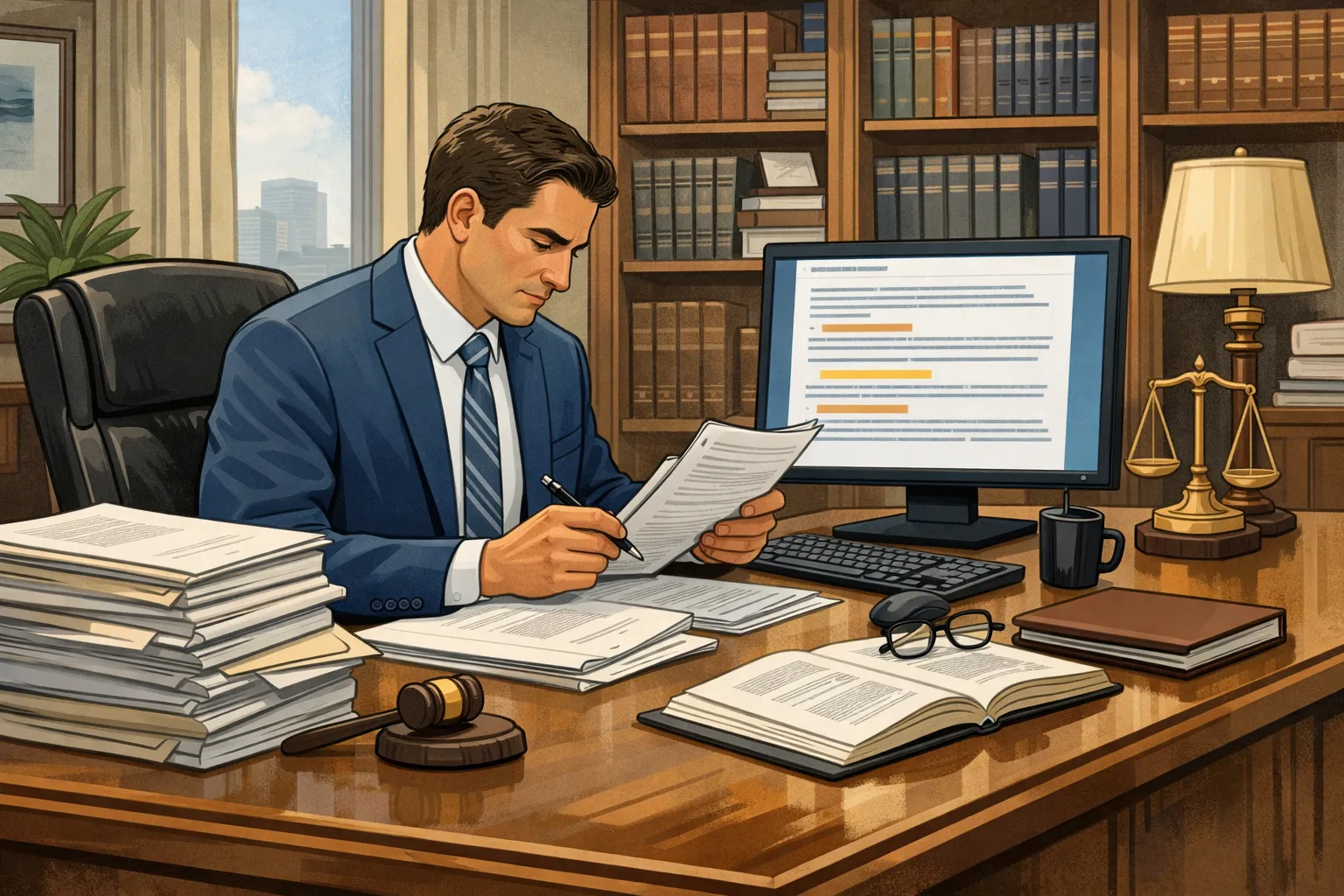 변호사가 AI로 생성된 문서를 검토하는 사무실 장면, AI 생성 이미지