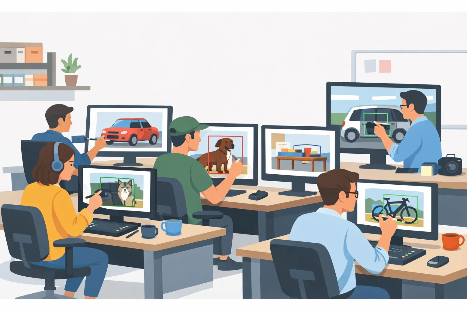 데이터 라벨링 작업자가 컴퓨터 화면에서 이미지 객체에 라벨을 붙이는 모습을 표현한 AI 일러스트