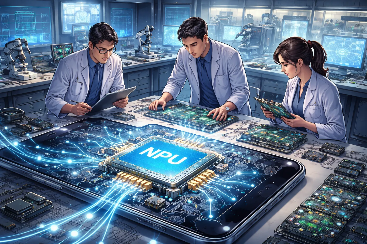 NPU 개념을 설명하는 반도체 연구실을 표현한 AI 일러스트