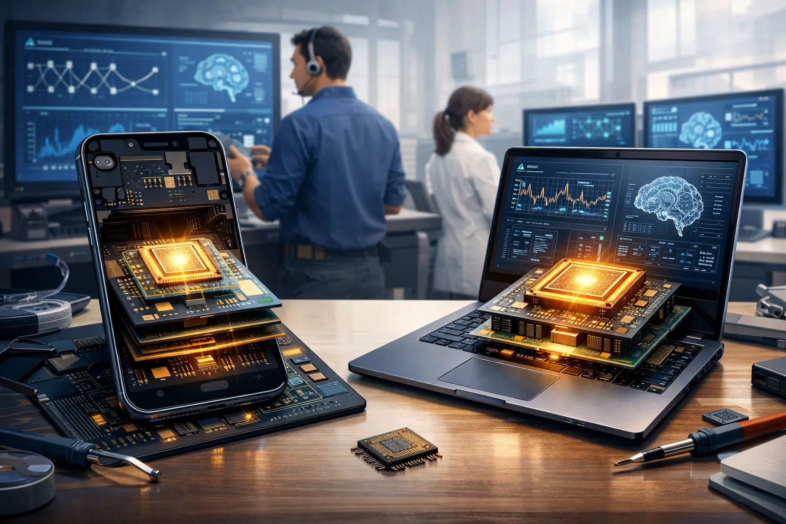 스마트폰과 노트북 내부 칩 구조를 통해 인공지능 연산 장치 개념을 보여주는 AI 일러스트