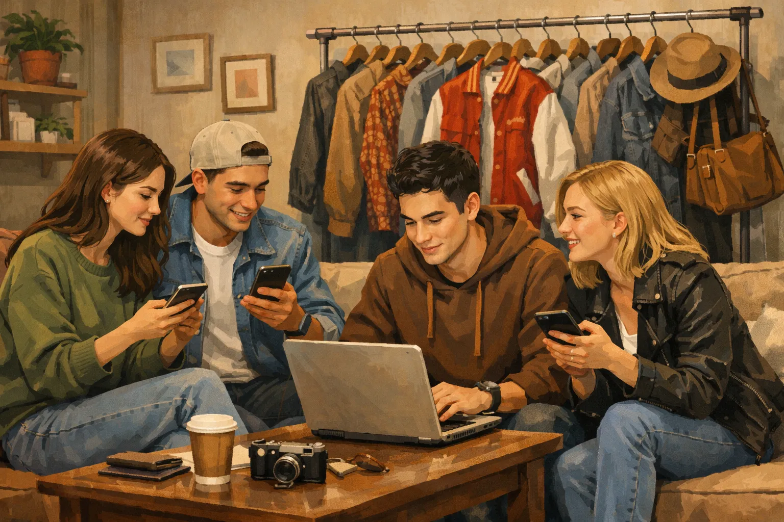 방 안에서 젊은 사람들이 스마트폰으로 중고 패션 상품을 살펴보고 옷걸이에는 빈티지 의류가 걸려 있는 AI 일러스트